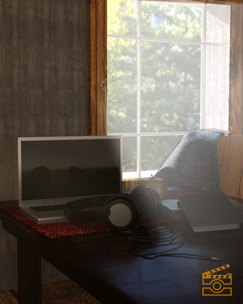 3D-gerendertes Stillleben eines Arbeitsplatzes am Fenster: Auf einem dunklen Holztisch stehen ein geöffneter Laptop, Kopfhörer, ein Notizbuch und ein Tablet. Sonnenlicht fällt durch ein großes Fenster mit Blick auf unscharfe grüne Bäume. Im Hintergrund liegt eine Decke über einem Stuhl.
