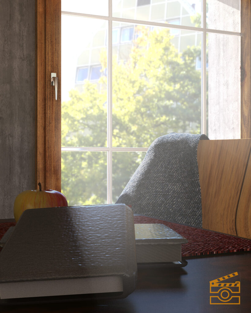 3D-gerenderte Szene eines ruhigen Arbeitsplatzes am Fenster: Auf einem dunklen Tisch liegen zwei geschlossene Notizbücher neben einem roten Apfel. Im Hintergrund stehen ein Holzstuhl mit grauer Decke und ein großes Fenster mit hellem Tageslicht und unscharfen Bäumen draußen.
