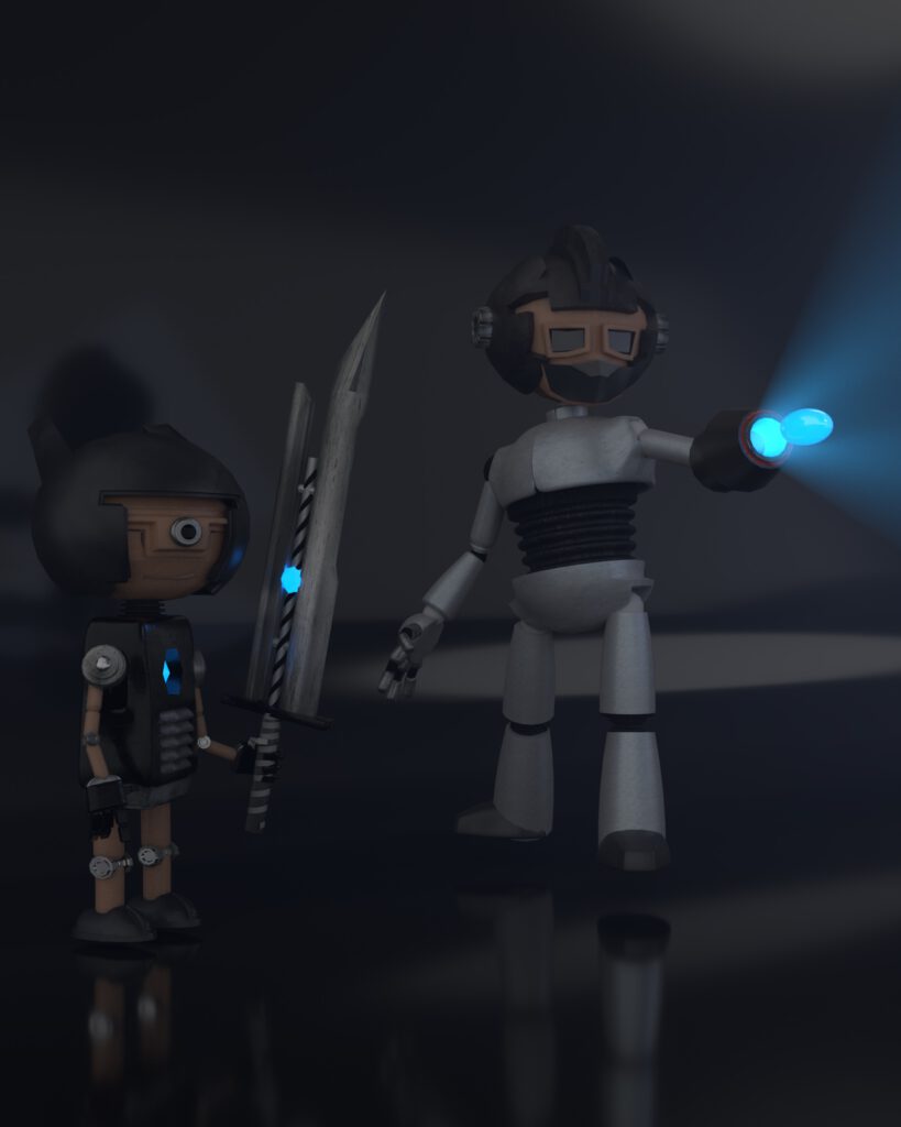 2 Roboter ein Kleiner mit einem großen Schwert und ein größerer mit einem Kanonenarm